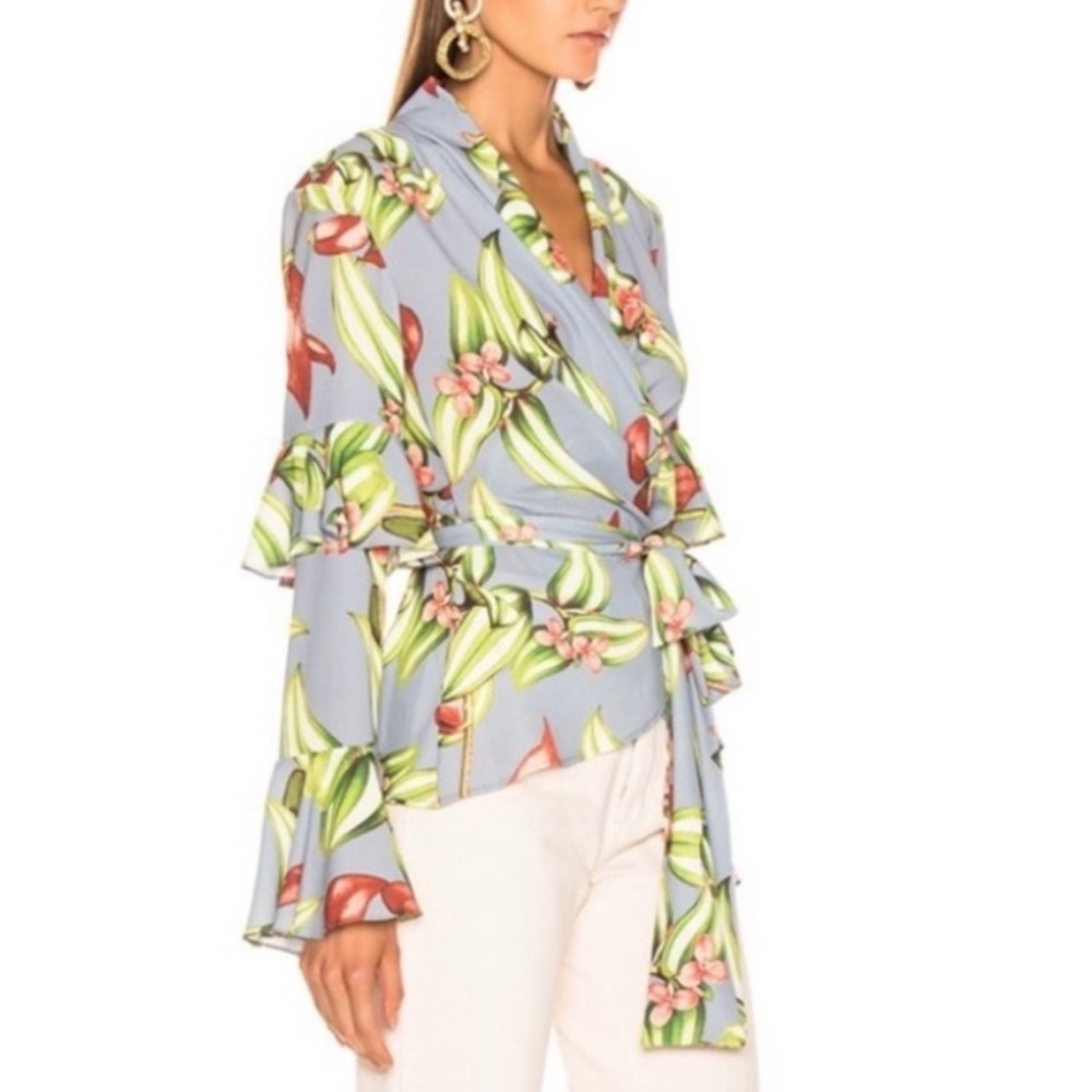 🩵NWT PatBO Blue Zebrina Long Ruffle Sleeve Wrap Top
